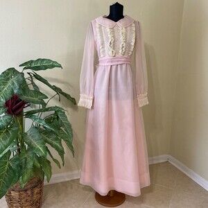 1960s Emma Domb Joske’s Bohemian Victorian Prairie Maxi Sz 11 Peter Pan collar